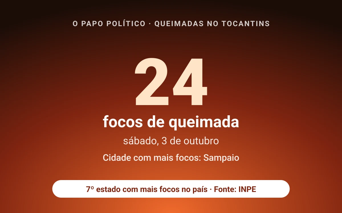 Tocantins registra 24 focos de queimada no sábado (3); Sampaio lidera