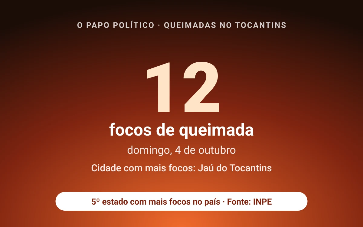 Tocantins registra 12 focos de queimada no domingo (4); Jaú do Tocantins lidera