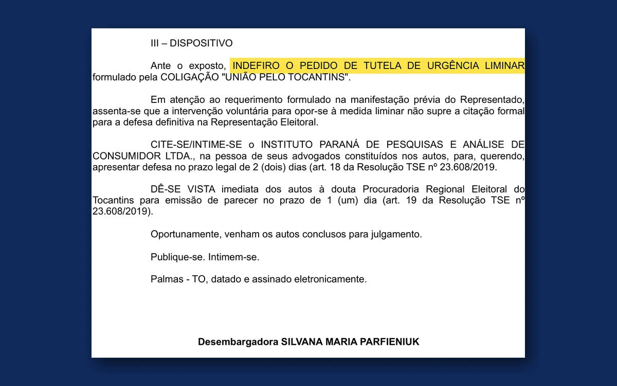 TRE-TO mantém pesquisa da Paraná Pesquisas e diz que levantamento cumpriu todas as exigências